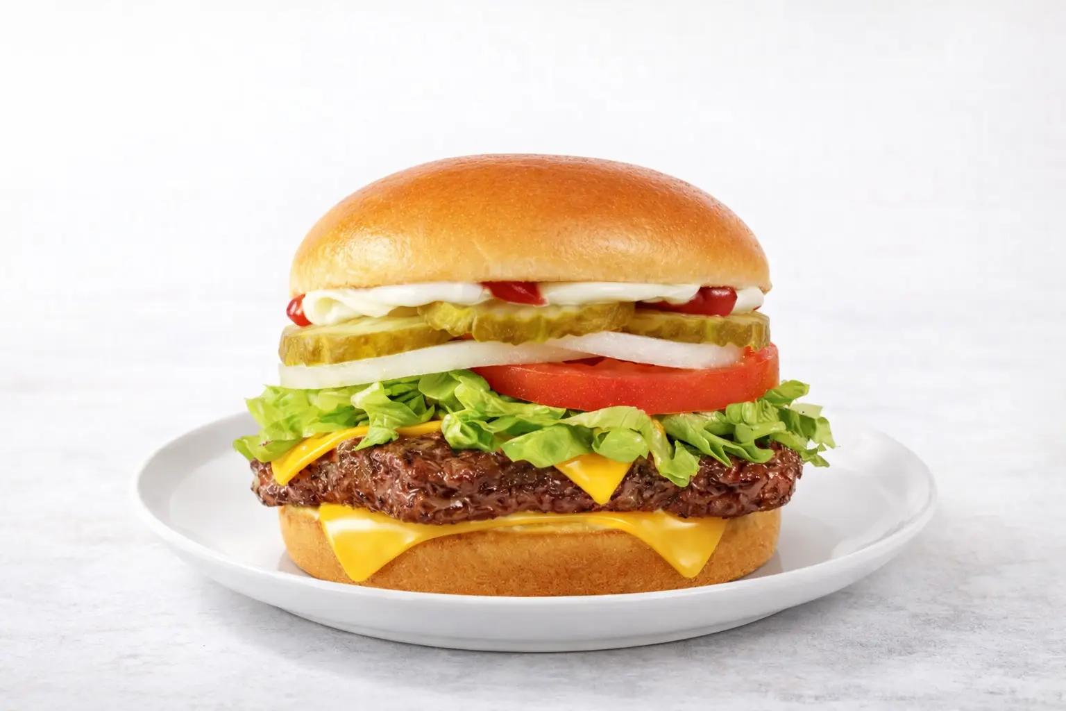 Fresh Wendy's Dave's Single | Price, Calories & Nutrition (2026) 1 Wendy's Dave’s Single burger with a fresh beef patty on a white plate.