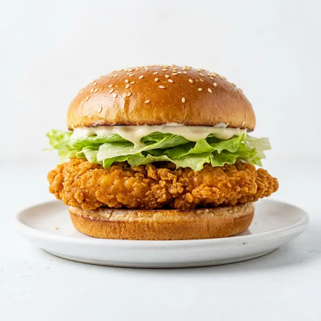 Wendy's Menu with Prices, Calories & Nutrition 2026 3 Wendy's Spicy Chicken Sandwich with crispy spicy chicken fillet on a white plate.
