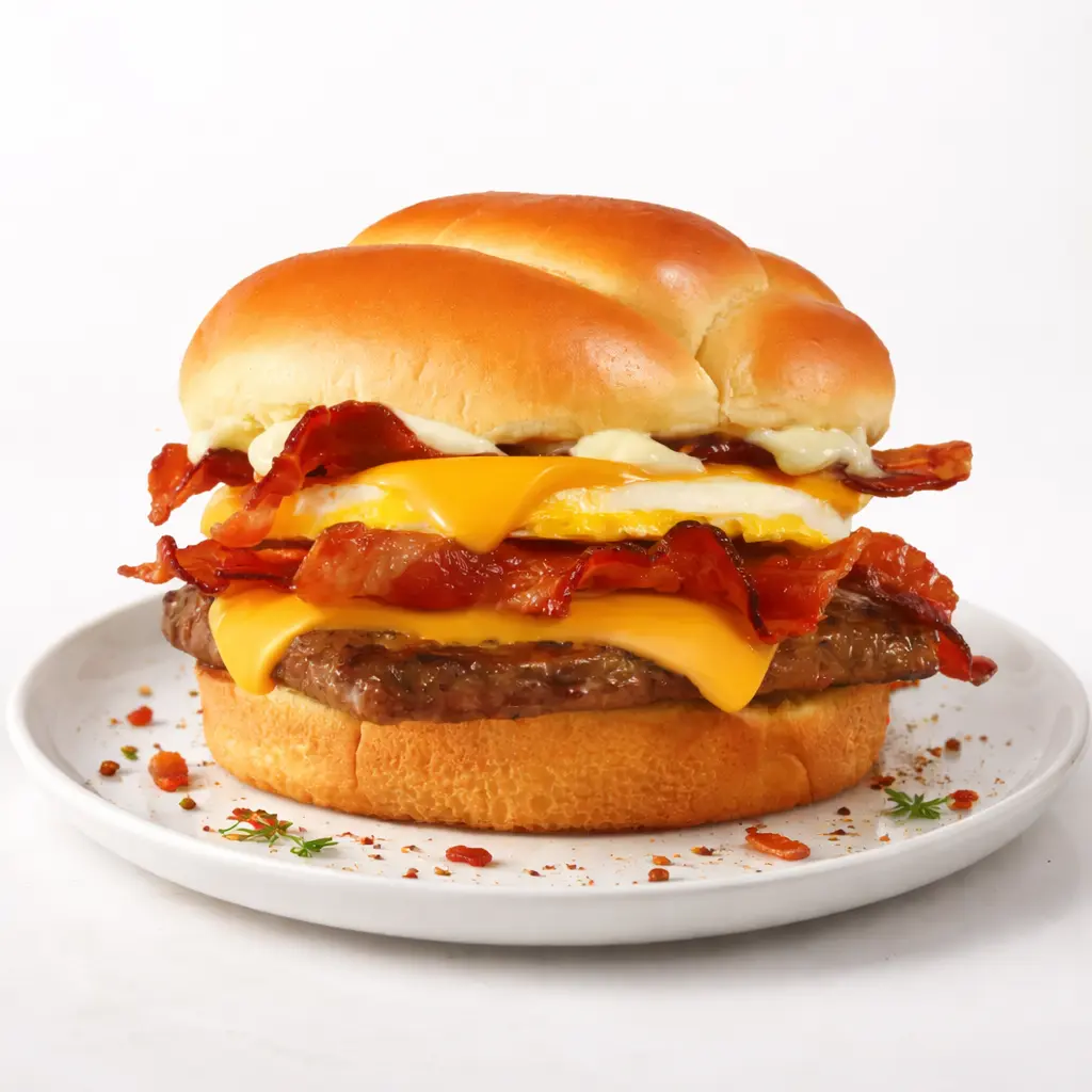 Wendy's Menu with Prices, Calories & Nutrition 2026 2 Wendy's breakfast Baconator on a white plate.
