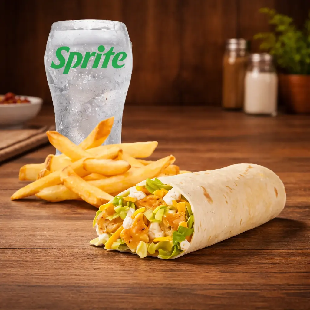 Wendy's Menu with Prices, Calories & Nutrition 2026 18 A Wendy’s grilled chicken wrap combo with crispy fries and a refreshing drink.