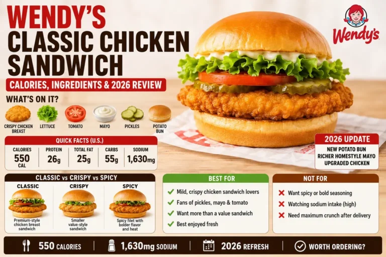 Wendy's Classic Chicken Sandwich: Price, Calories & Nutrition (2026) 1 Wendy’s Classic Chicken Sandwich with calories, ingredients, and 2026 review infographic