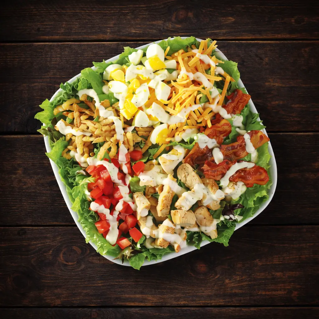 Fresh Cobb salad with grilled chicken, bacon, hard-boiled eggs, cheddar cheese, tomatoes, lettuce, crispy onions, and ranch dressing.
