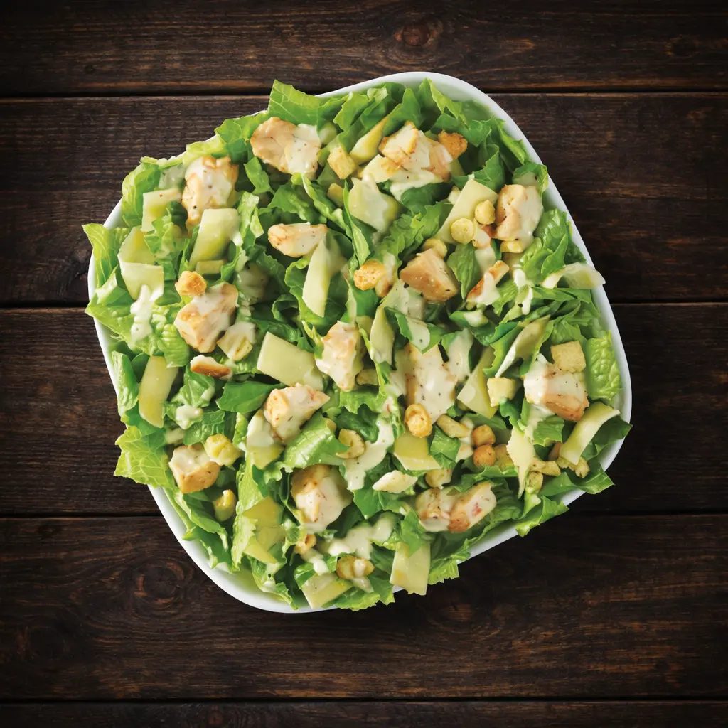Fresh chicken Caesar salad with romaine lettuce, grilled chicken, Parmesan cheese, and creamy Caesar dressing.