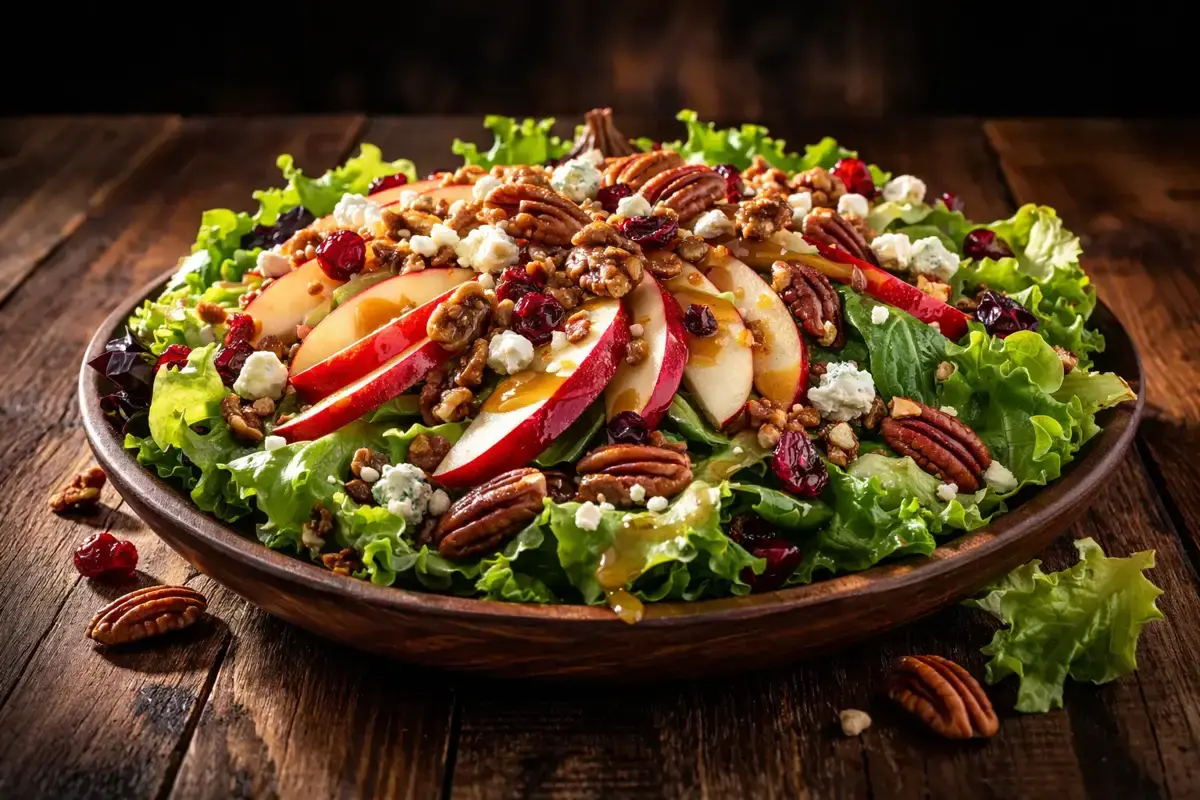 Fresh apple pecan salad with sliced apples, dried cranberries, roasted pecans, blue cheese, and leafy greens.