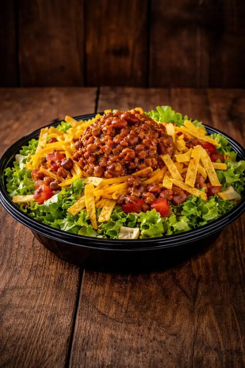 Fresh taco salad topped with chili, shredded cheddar cheese, diced tomatoes, lettuce, and crispy tortilla strips.