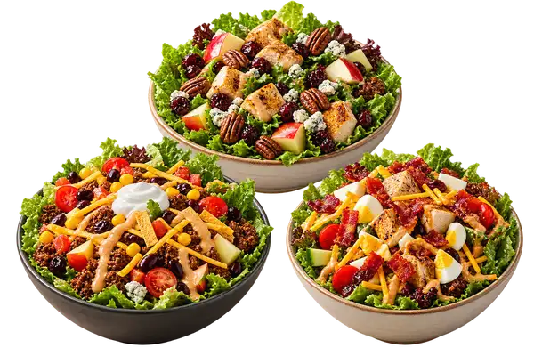 Wendy's salads feature three fresh salad bowls with chicken, vegetables, cheese, bacon, apples, cranberries, and flavorful toppings