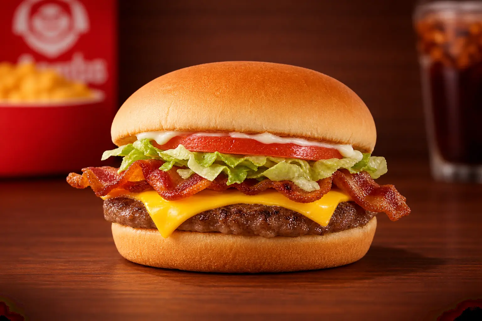 Wendy’s Jr. Bacon Cheeseburger with beef, bacon, cheese, lettuce and tomato